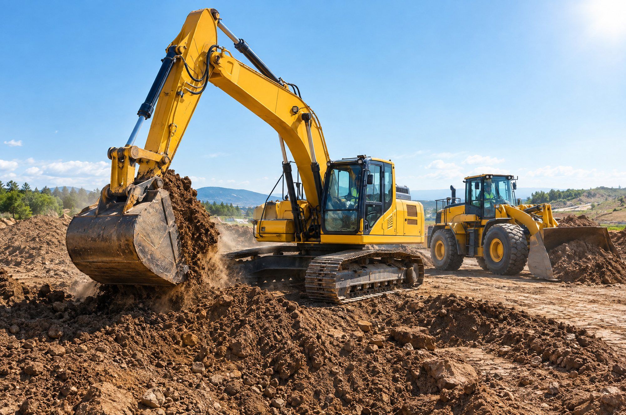 Excavadora y cargador en una obra soleada