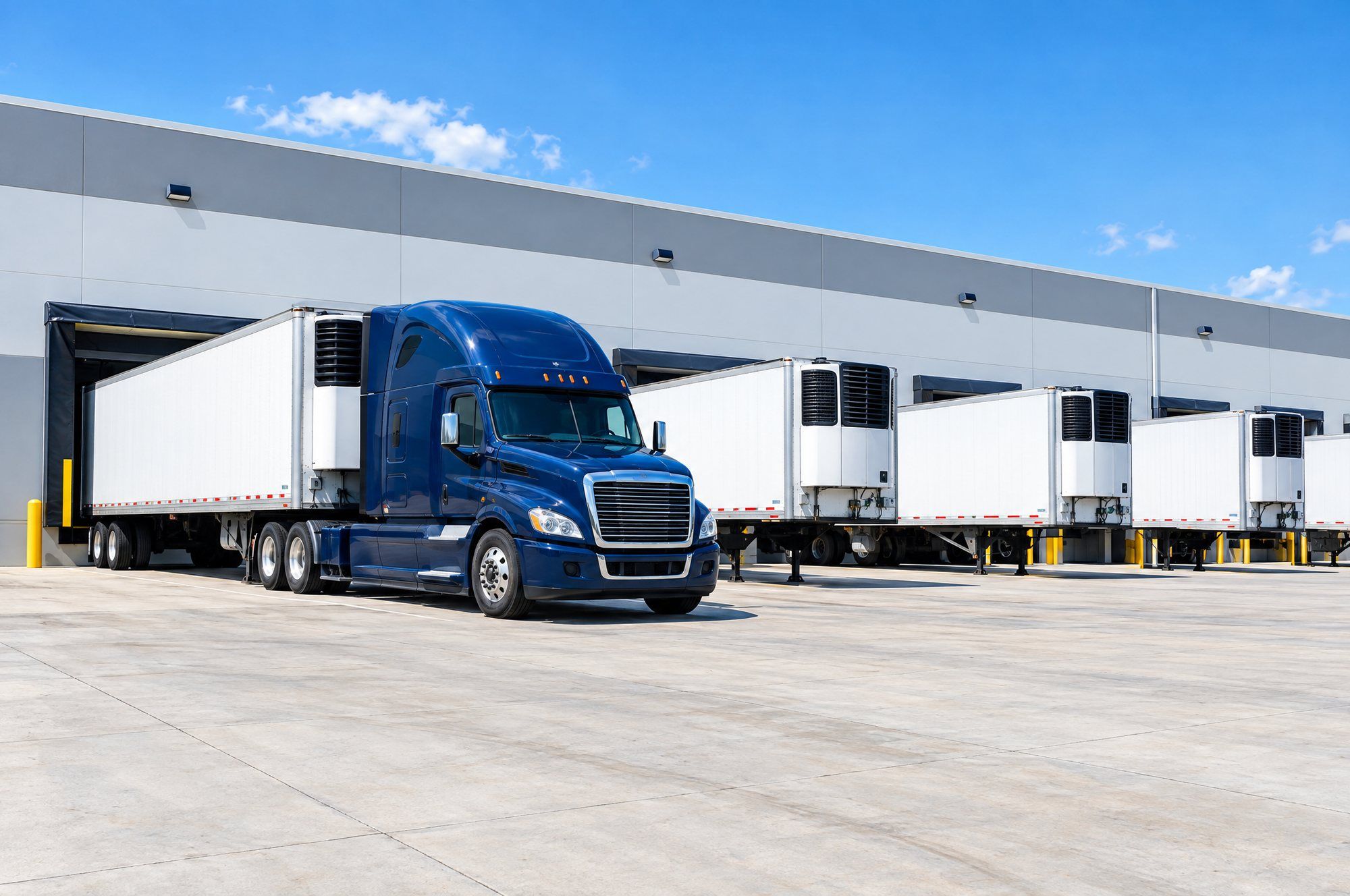 Fila de trailers refrigerados en un centro de distribución soleado