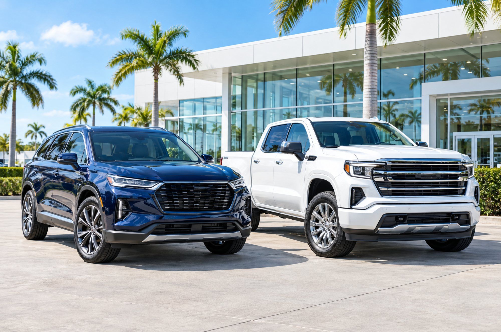 SUV azul y pickup blanca frente a un concesionario soleado