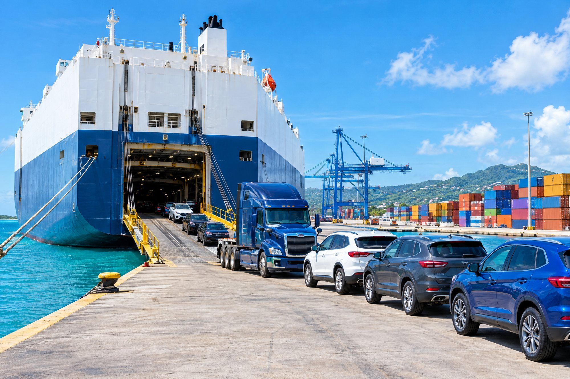 Barco portavehículos cargando un cabezote y autos en un puerto soleado